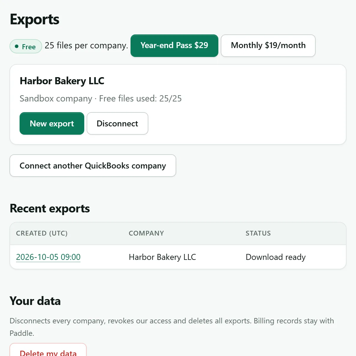 Exports page: the connected sample company with free files used, New export button, plan buttons and recent exports.