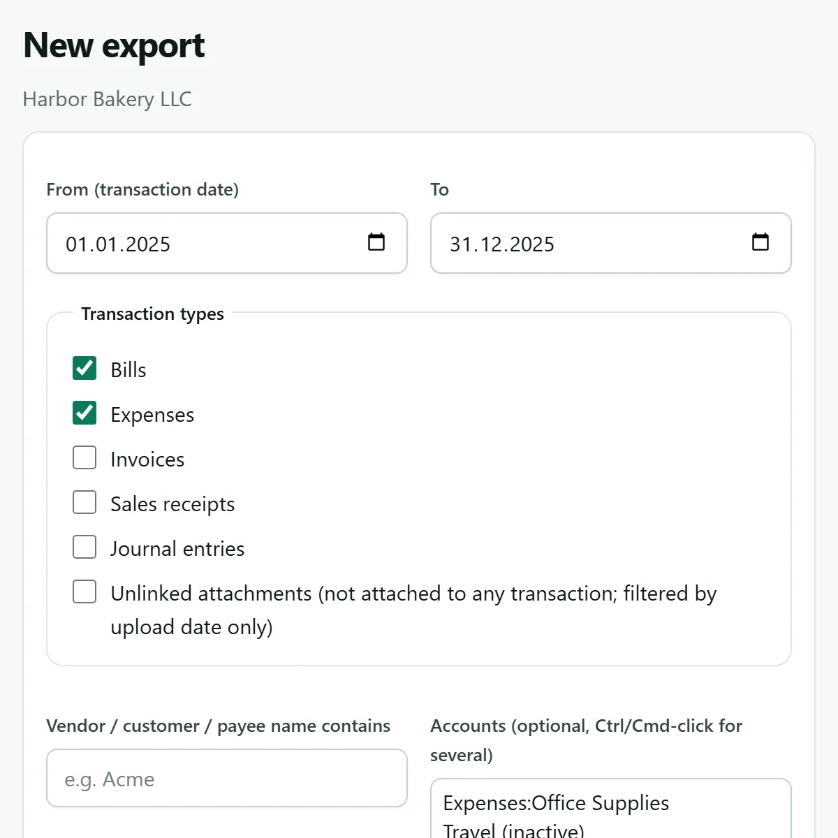 Export form in the app: date range, transaction types, name, account and amount filters, file name template and folder layout.