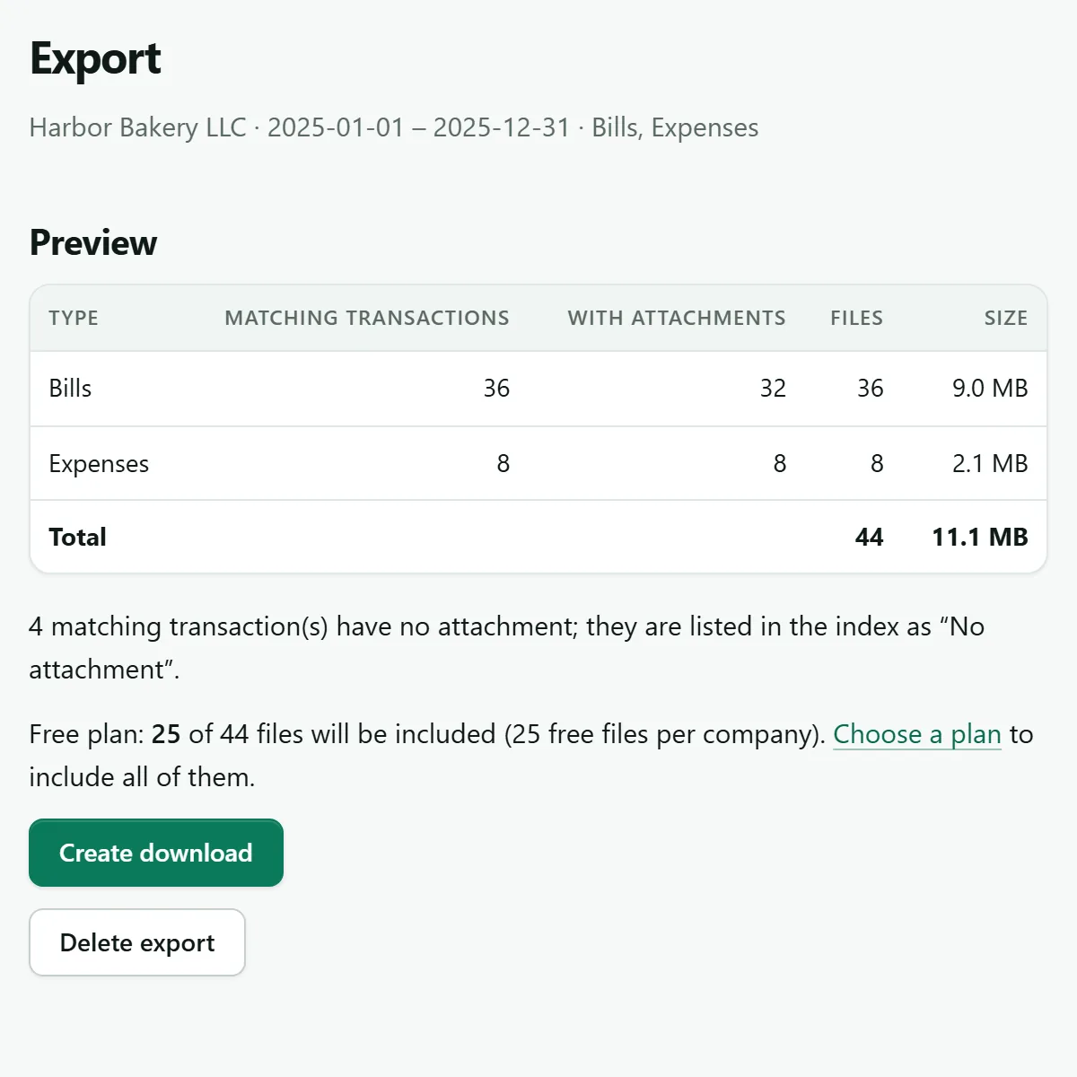 Planned export in the app: counts of matching transactions and files, total size and the transactions without an attachment.
