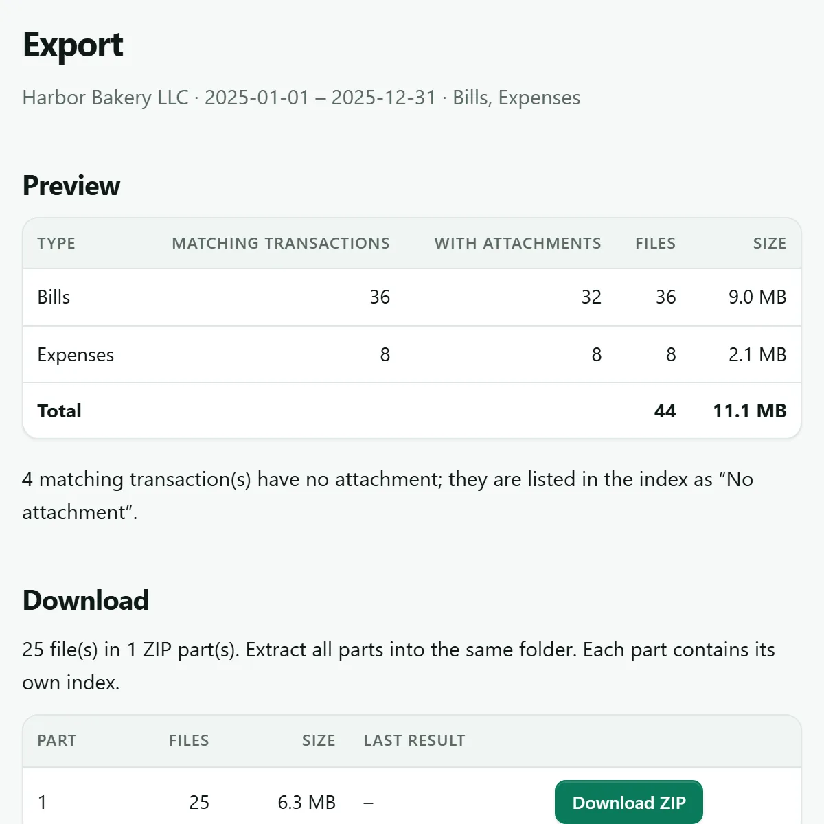 Ready export in the app: ZIP part download buttons and the index in Excel and CSV.